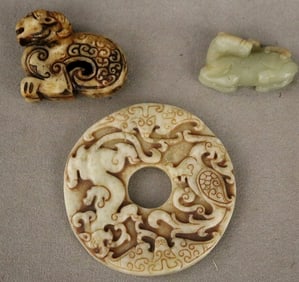 CHINESE JADE BI DISC PLUS TWO OTHER PENDANTS, - Diameter: (disc): 3 inches.