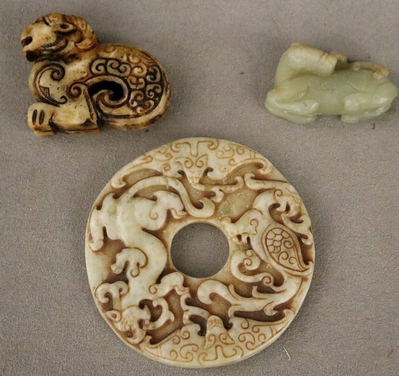 CHINESE JADE BI DISC PLUS TWO OTHER PENDANTS, - Diameter: (disc): 3 inches. (1 of 20)
