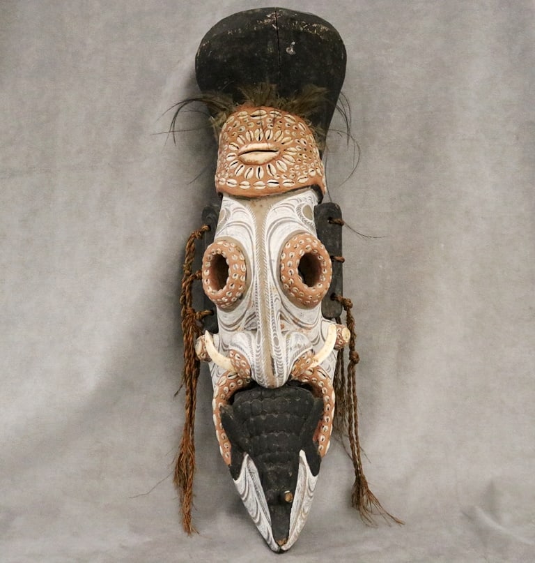 PAPUA NEW GUINEA ABELAM TAMBANUM VILLAGE MEI MASK, - Height: Approx. 30 inches.: PAPUA NEW GUINEA ABELAM TAMBANUM VILLAGE MEI MASK. Mei mask from the Tambanum Village in Papua New Guinea. Mei masks, traditionally crafted by the Abelam people, are significant in yam ceremonies, whe