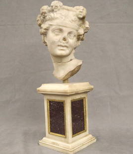 ROMAN OR CLASSICAL-INSPIRED GRAND TOUR BUST OF THE APOLLO BELVEDERE, - Height (including base):: ROMAN OR CLASSICAL-INSPIRED GRAND TOUR BUST OF THE APOLLO BELVEDERE. Likely 19th century Grand Tour type of Roman or classical-inspired bust of the Apollo Belvedere. This famous marble sculpture depi