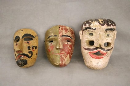 MEXICAN POLYCHROMED CARVED FESTIVAL MASKS. - Height: 8 to 11 inches.