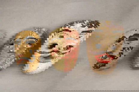 MEXICAN POLYCHROMED CARVED FESTIVAL MASKS. - Height: 8 to 11 inches.: MEXICAN POLYCHROMED CARVED FESTIVAL MASKS.  Set of three Mexican polychromed carved festival wooden masks used for festival or dances, specifically in the regions like Guerrero or Michoacan, known for