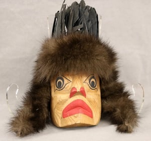 CANADIAN CREE ARTIST GENE BRABANT CHIEF MASK. - Height: 13 inches (including feathers).