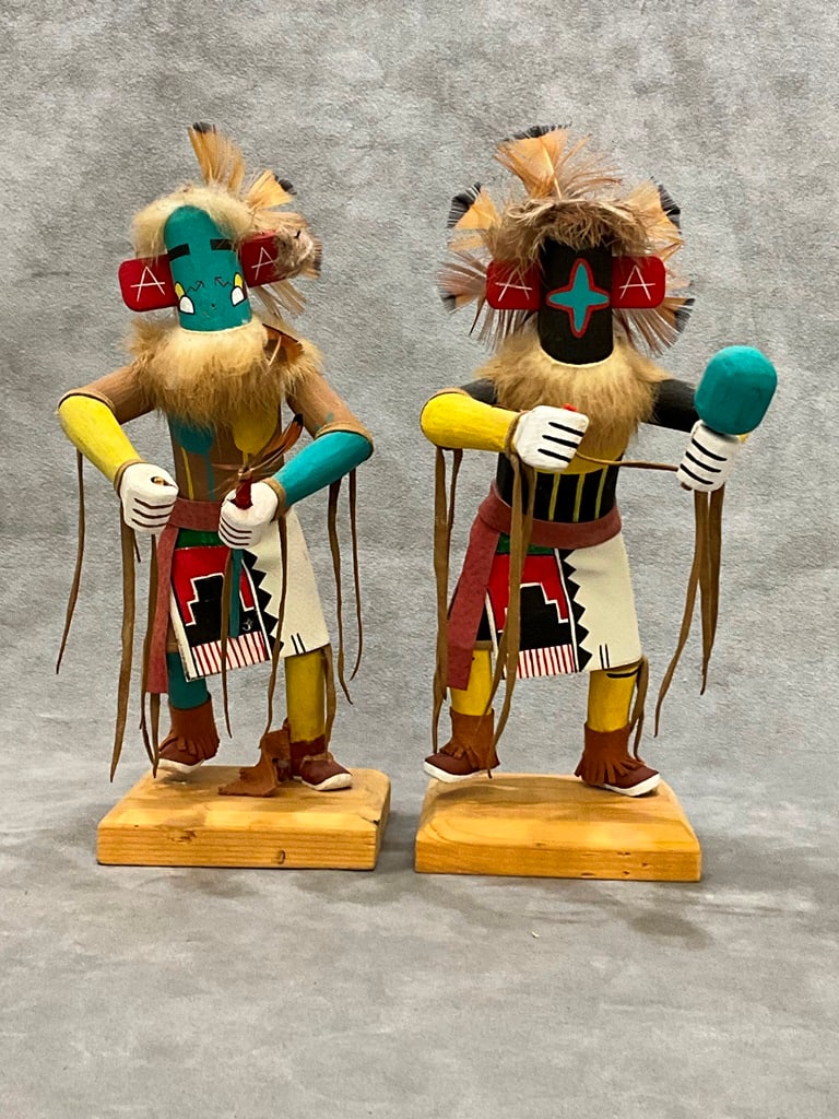 NATIVE AMERICAN HOPI INDIAN KACHINA DOLLS. - Height approximately: 10.5 inches.: NATIVE AMERICAN HOPI INDIAN KACHINA DOLLS. Hopi Kachina dolls are typically from cottonwood root and are given as ceremonial gifts to young girls by the Katsinam; each gift represents a prayer wish fo