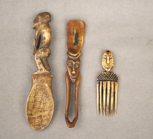 CENTRAL AFRICAN SELECTION OF THREE CARVED BONE ARTIFACTS, - Right object: height: 7 inches.