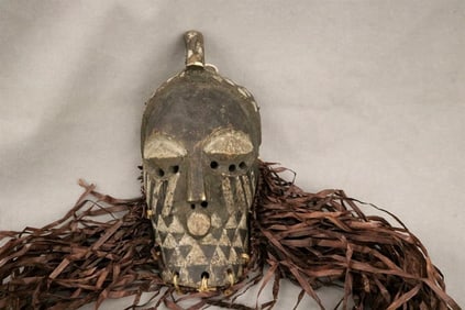 CONGOLESE KUBA BAKUBA MASK. - Length: 11 inches (excluding Raffia).