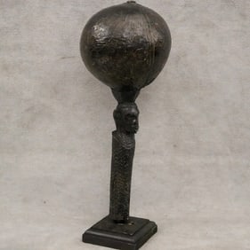 KENYAN GOURD RATTLE. - Height: 12 inches (including base).