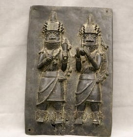 NIGERIAN BENIN BRONZE WARRIORS PLAQUE, - Height: 14.5 inches.