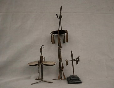 NIGERIAN YORUBA METAL RITUAL OBJECTS. - Height: 24 inches (Osanyin staff).