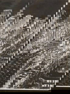 SANDRA FINKENBERG (American, 20th century). New York City Skyline, Lithograph. Pencil signed lower: SANDRA FINKENBERG (American, 20th century). New York City Skyline, Lithograph. Pencil signed lower right hand corner. Framed. Not examined out of frame. - 15 x 11 inches; frame: 25 x 21 inches 15 x 11