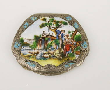 ITALIAN SILVER (800-FINE) AND MULTI-COLOR ENAMEL SHELL SHAPE COMPACT. - L: 3 3/8 in.: ITALIAN SILVER (800-FINE) AND MULTI-COLOR ENAMEL SHELL SHAPE COMPACT. Cover has polychromed enamel scene of 18th century peasant figures and sheep in landscape. - L: 3 3/8 in.