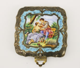 ITALIAN SILVER (800-FINE) AND MULTI-COLOR ENAMEL SHAPED SQUARE COMPACT. - 3 in. square.