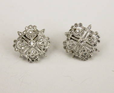PAIR 14K WHITE GOLD AND DIAMOND OPENWORK, SHAPED SQUARE EARRINGS, - 5/8 in. square.: PAIR 14K WHITE GOLD AND DIAMOND OPENWORK, SHAPED SQUARE EARRINGS.  Total of 80 round diamonds, screw backs. - 5/8 in. square.