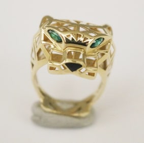 18K BRIGHT-POLISHED YELLOW GOLD OPENWORK, GEOMETRIC PANTHER HEAD DESIGN RING, - Ring size: 7. Gross