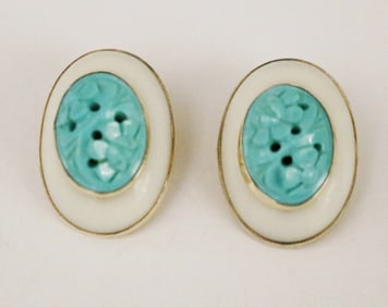 PAIR 14K YELLOW GOLD, WHITE CORAL AND CARVED TURQUOISE OVAL CLIP-BACK EARRINGS , - L: 1 in.