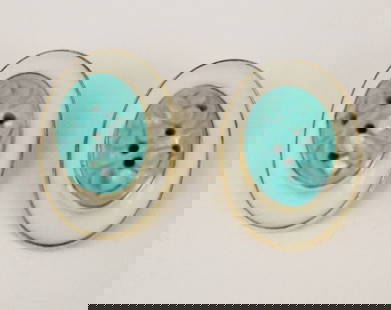 PAIR 14K YELLOW GOLD, WHITE CORAL AND CARVED TURQUOISE OVAL CLIP-BACK EARRINGS , - L: 1 in.: PAIR 14K YELLOW GOLD, WHITE CORAL AND CARVED TURQUOISE OVAL CLIP-BACK EARRINGS .  Pierced and floral-carved, domed oval turquoise cabochon centered on conforming white coral panel with gold banding. -