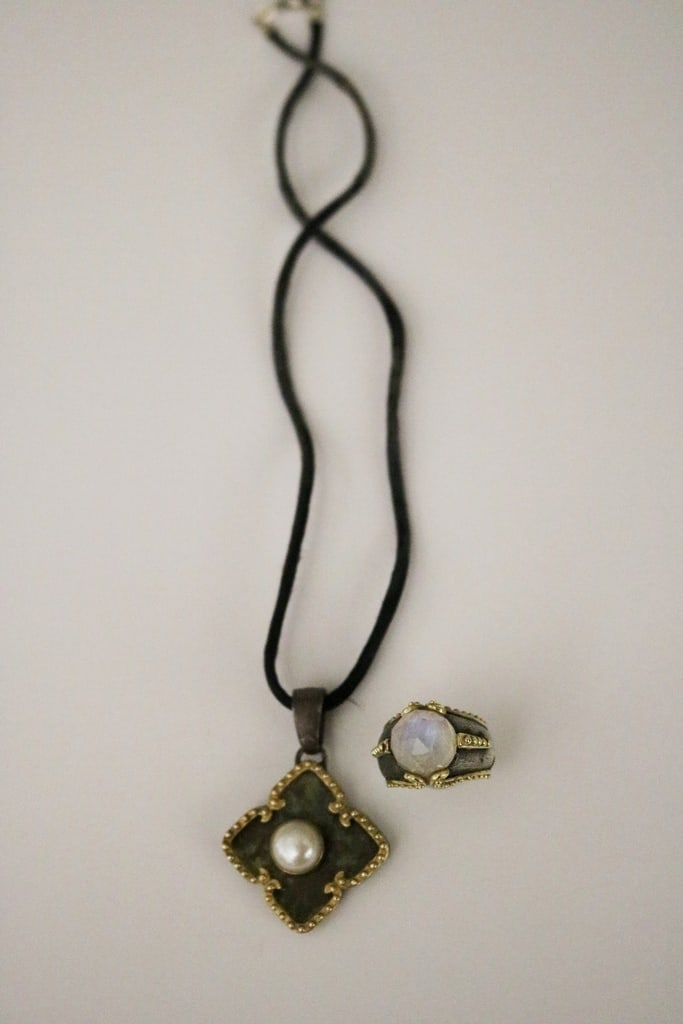 SIGNED MAZ YELLOW GOLD AND STERLING SILVER DOME RING WITH SIMILAR PENDANT ON CORD. (1 of 3)