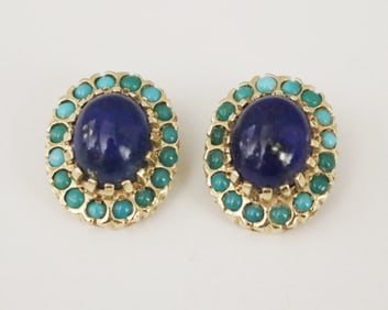 PAIR 14K YELLOW GOLD LAPIS LAZULI AND TURQUOISE CABOCHON OVAL CLIP-BACK EARRINGS. - L: 13/16 in.