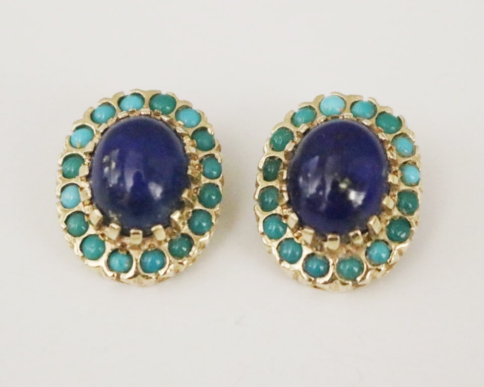 PAIR 14K YELLOW GOLD LAPIS LAZULI AND TURQUOISE CABOCHON OVAL CLIP-BACK EARRINGS. - L: 13/16 in. (1 of 2)