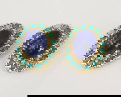 PAIR 14K YELLOW GOLD LAPIS LAZULI AND TURQUOISE CABOCHON OVAL CLIP-BACK EARRINGS. - L: 13/16 in.: PAIR 14K YELLOW GOLD LAPIS LAZULI AND TURQUOISE CABOCHON OVAL CLIP-BACK EARRINGS. Each earring has oval lapis cabochon surrounded by 16 matched round turquoise cabochons. - L: 13/16 in.