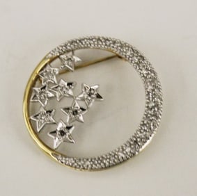 14K YELLOW AND WHITE GOLD AND DIAMOND MOON-AND-STARS DESIGN PIN,