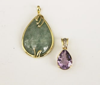 TWO 14K YELLOW GOLD AND GEMSTONE DROP PENDANTS/NECKLACE ENHANCERS.