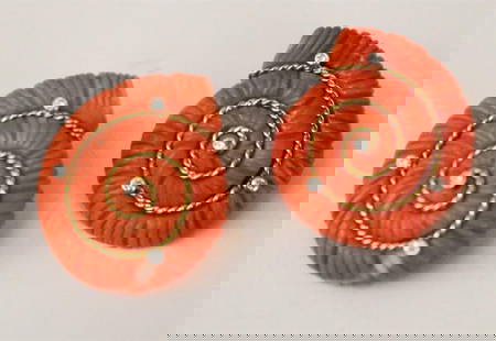 SIGNED MAZ 14K YELLOW GOLD MOUNTED CARVED ORANGE CORAL AND DIAMOND AMMONITE-DESIGN CLIP-BACK: SIGNED MAZ 14K YELLOW GOLD MOUNTED CARVED ORANGE CORAL AND DIAMOND AMMONITE-DESIGN CLIP-BACK EARRINGS. Gold rope design