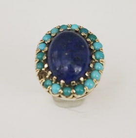 14K YELLOW GOLD, LAPIS LAZULI AND TURQUOISE CABOCHON OVAL RING, - Ring size: 5 1/4. Gross wt. 8 dwt
