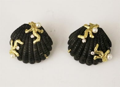 PAIR SIGNED MAZ 18K YELLOW GOLD, DIAMOND AND SEED PEARL CARVED, EBONIZED COCKLESHELL DESIGN,