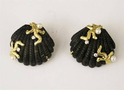 PAIR SIGNED MAZ 18K YELLOW GOLD, DIAMOND AND SEED PEARL CARVED, EBONIZED COCKLESHELL DESIGN,: PAIR SIGNED MAZ 18K YELLOW GOLD, DIAMOND AND SEED PEARL CARVED, EBONIZED COCKLESHELL DESIGN, CLIP-BACK EARRINGS. Each earring has textured gold coral branch motifs set with two round diamonds and two