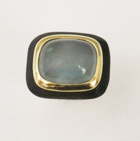 FRENCH SIGNED CHRISTINE ESCHER 18K YELLOW GOLD, WOOD AND PALE BLUE SUGARLOAF CABOCHON RING, - Ring