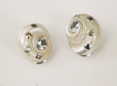 PAIR SIGNED TRIANON 18K WHITE GOLD AND COLORED GEMSTONE IRIDESCENT WHITE NAUTILUS-SHELL DESIGN