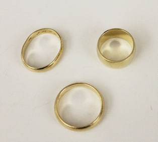 THREE ASSORTED 14K PLAIN, BRIGHT-POLISHED YELLOW GOLD WEDDING BANDS, - Wt. 12 dwt.