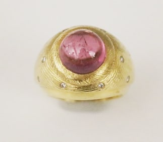 SIGNED MORELLI 18K YELLOW GOLD, PINK TOURMALINE AND DIAMOND DOME RING, - Ring size: 5 1/2. Gross wt.