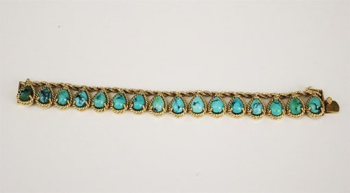 YELLOW GOLD AND PEAR-SHAPE TURQUOISE CABOCHON FLEXIBLE-LINK FRINGE BRACELET, 1960s-70s - L: 6 1/2