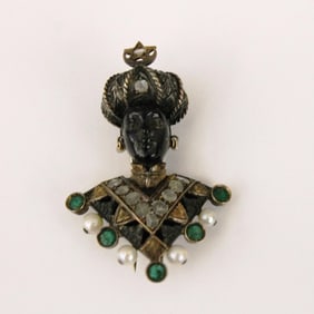 SIGNED "S. NARDI" ANTIQUE 14K YELLOW GOLD (MARKED 750) SILVER ROSE CUT DIAMOND, EMERALD AND NATURAL