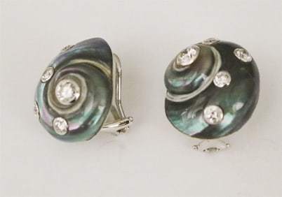 PAIR SIGNED TRIANON 18K WHITE GOLD AND DIAMOND GRAY IRIDESCENT NAUTILUS SHELL-DESIGN CLIP-BACK
