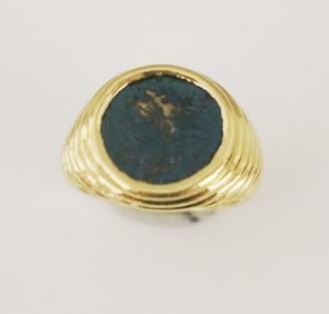 SIGNED BULGARI 18K (750) ANCIENT COIN RING, - Ring size: 5 3/4. Gross wt. 10 dwt.