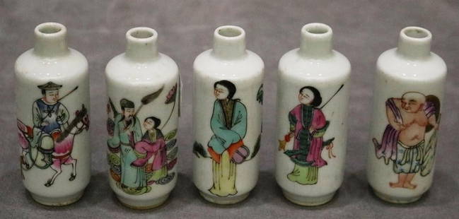 FIVE CHINESE FAMILLE ROSE PORCELAIN SNUFF BOTTLES. - H: 3 3/8".: FIVE CHINESE FAMILLE ROSE PORCELAIN SNUFF BOTTLES.  Figural decoration - H: 3 3/8".