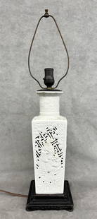 CHINESE BLANC-DE-CHINE VASE MOUNTED AS TABLE LAMP, - Vase portion, H: 14 in.: CHINESE BLANC-DE-CHINE VASE MOUNTED AS TABLE LAMP.  Slightly flaring square-sided vessel has pierced sides with relief decoration of various figures. - Vase portion, H: 14 in.