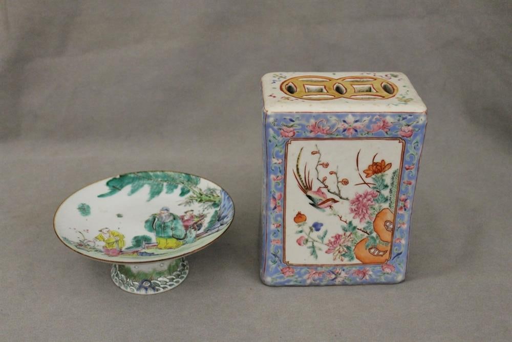 TWO CHINESE FAMILLE ROSE PORCELAIN TABLE ITEMS, 19th century. (1 of 10)