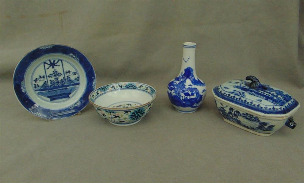 FOUR PIECES CHINESE BLUE AND WHITE DEORATED PORCELAIN, 19th century.: FOUR PIECES CHINESE BLUE AND WHITE DECORATED PORCELAIN, 19th century. Including Canton sauce tureen with lift-cover and boar's head handles, L: 7 in.; bottle vase with four-character mark under foot, 