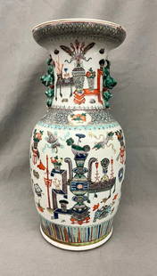 CHINESE FAMILLE VERTE BALUSTER-FORM VASE WITH FIGURAL AND PRCIOUS OBJECT DECORATION, - H: 17 3/4 in.: CHINESE FAMILLE VERTE BALUSTER-FORM VASE WITH FIGURAL AND PRECIOUS OBJECT DECORATION.  - H: 17 3/4 in.