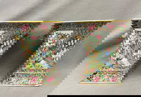 PAIR CHINESE FAMILLE ROSE PORCELAIN BOUGH POTS, 19th century. - H: 8 1/2 in.: PAIR CHINESE FAMILLE ROSE PORCELAIN BOUGH POTS, 19th century. Figural and floral decoration with gilt accents. Lacking pierced insets - H: 8 1/2 in.