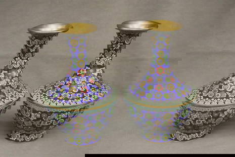 PAIR CHINESE CLOISONNE VASES, - H: 10 in.: PAIR CHINESE CLOISONNE VASES.  Multi-color medallion decoration of cobalt blue grounds - H: 10 in.
