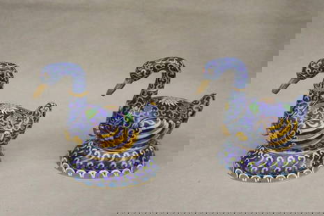 TWO PAIRS OF CHINESE CLOISONNE ANIMALS,: TWO PAIRS OF CHINESE CLOISONNE ANIMALS.  One pair, geese-form lift-lid boxes, on oval flaring bases, H: 5 3/4 in.; one pair running horses, L 6 in.