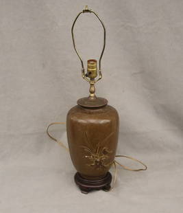 JAPANESE ART DECO INFLUENCED, PATINATED BRONZE OVOID VASE MOUNTED AS TABLE LAMP, - Vase portion, H:: JAPANESE ART DECO INFLUENCED, PATINATED BRONZE OVOID VASE MOUNTED AS TABLE LAMP.  Relief decoration of flowering branches - Vase portion, H: 11 in.