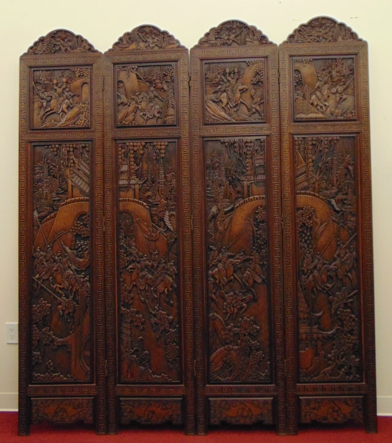 THAI CARVED WOODEN FOUR-FOLD FLOOR SCREEN. - H: 84 in. Each panel, W: 18 in. (1 of 10)