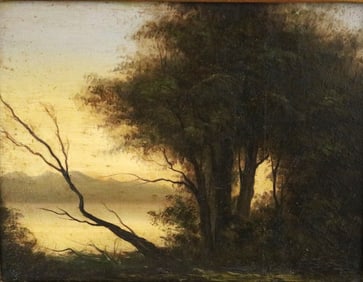 AFTER JEAN BAPTISTE CAMILLE COROT (French, 1796-1875). River View, Oil on board. Unsigned. Verso