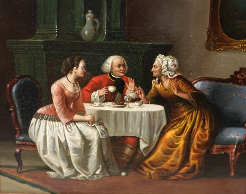 FRENCH SCHOOL (19th century). Spilling the Tea, Oil on canvas. Unsigned. Framed. (1 of 19)